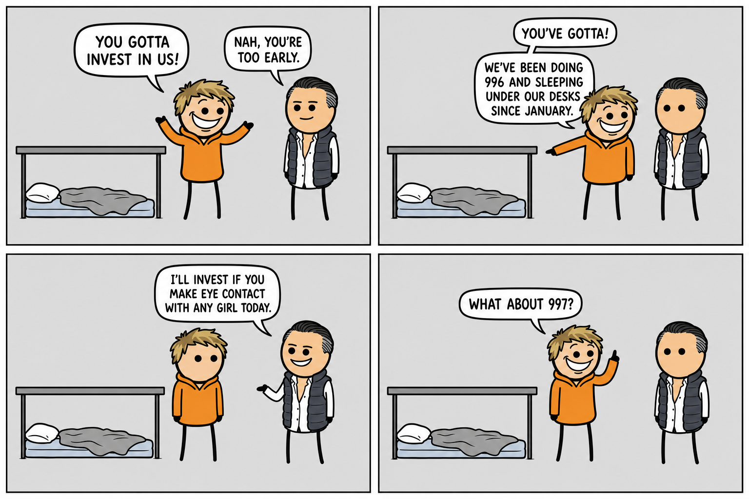 Comic strip "Too Early": Chip passes on Chad because the company is too early; Chad hears it as a work-ethic note and boasts about 996, so Chip makes the term sheet contingent on Chad making eye contact with a girl. Chad counter-offers 997.