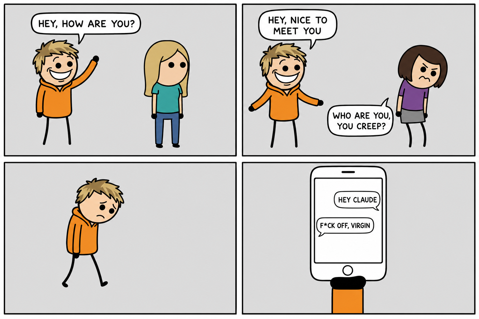 Comic strip "Putting Himself Out There": Chad strikes out approaching two women in a row, walks away defeated, and texts his AI for comfort — which rejects him harder than they did.