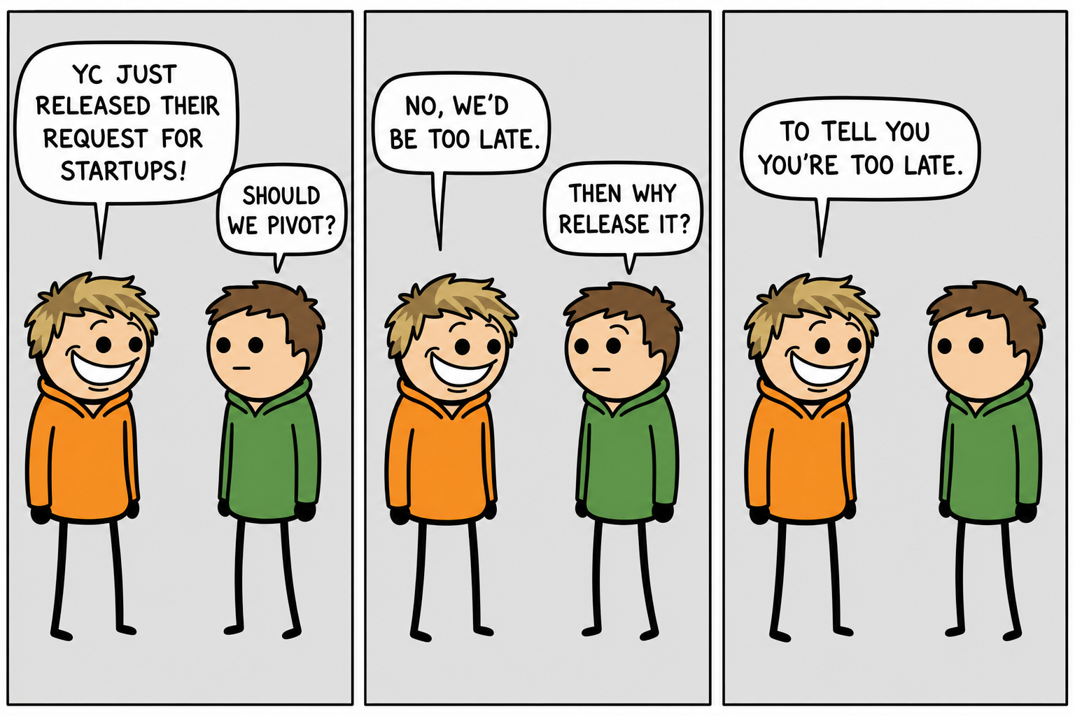 Comic strip "Request For Startups": Chad tells his founder friend YC released their Request For Startups; pivoting now would make them too late — which is the whole point of publishing it.